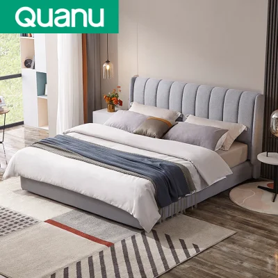 105207 Quanu Modernes, bequemes, gepolstertes, luxuriöses Doppelbett aus grauem Stoff