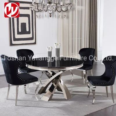 Esszimmermöbel im eleganten Design, runder Esstisch aus schwarzem Glas und Edelstahl mit Bankett-Esszimmerstühlen