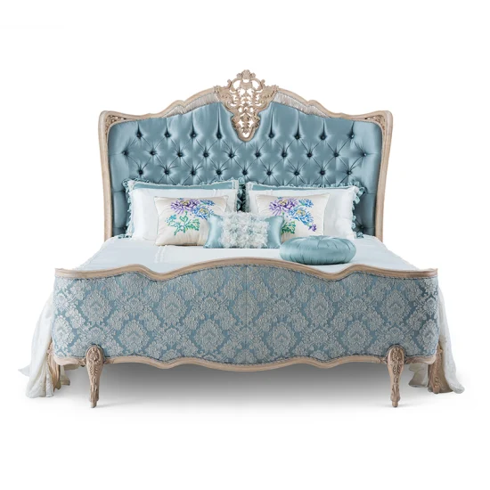 Französische antike Schlafzimmermöbel aus verschmutztem Eschenholz, geschnitzt, gepolstert, blauer Stoff, King-Size-Royal-Hochzeitsbettgestell