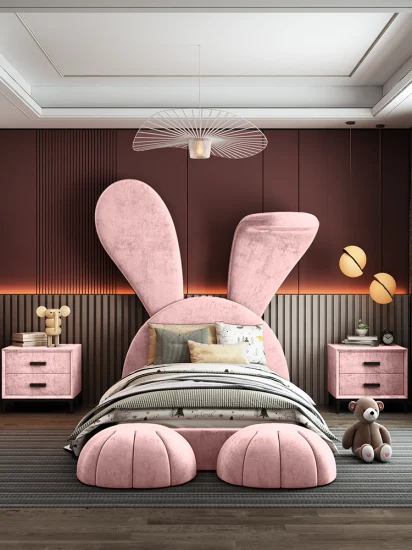 Nova Pink Rabbit Design Cartoon Kinderzimmer Luxus Kinderschlafzimmermöbel Stoff Mädchen gepolsterte Betten