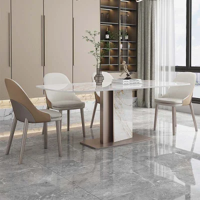 Schlichtes Design, rechteckiger Esstisch aus Stahl und Steinbeinen für die Restaurantküche mit Stühlen