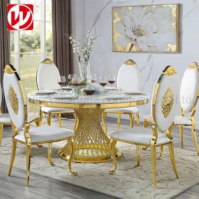 Esszimmermöbel im modernen Design, Marmor-Esstisch mit goldfarbenen Bankettstühlen aus Edelstahl